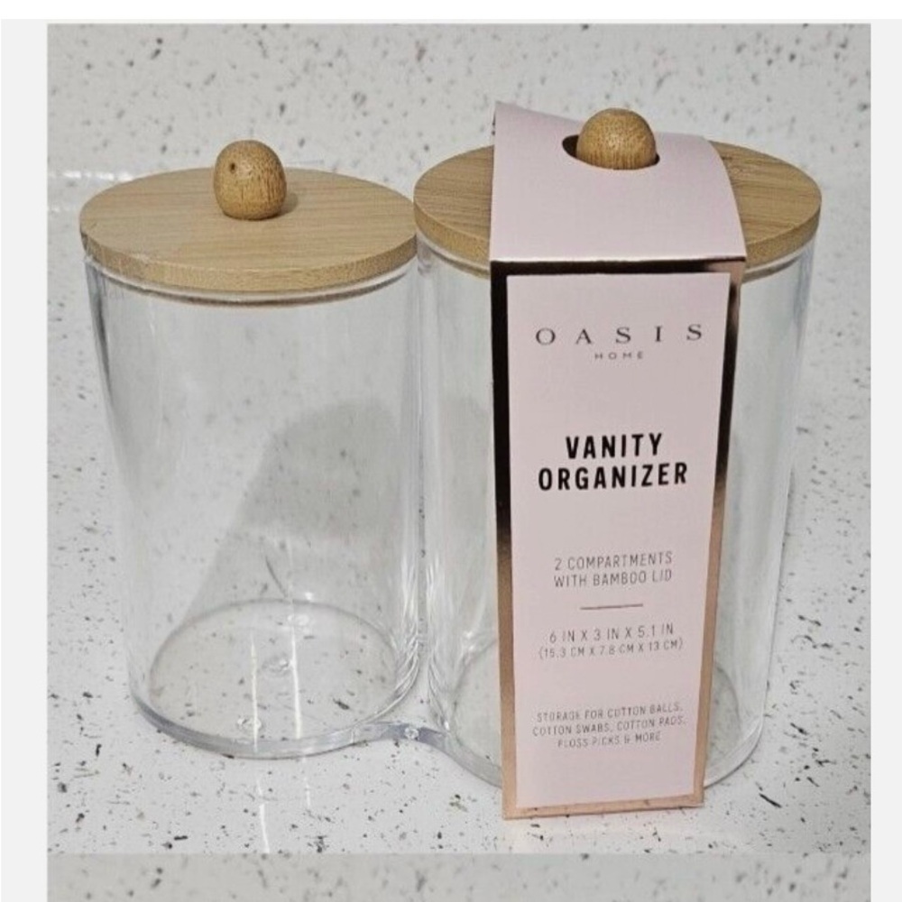 Oasis Pink Makeup Organizer with Clear Glass Jar and Wooden Lid